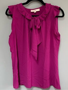 LOFT Sleeveless Ruffle Tie-Neck Lightweight Blouse Top in Fuchsia Magenta Size M
